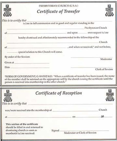 Picture of Presbyterian Transfer Flat Certificate (Book of 12)