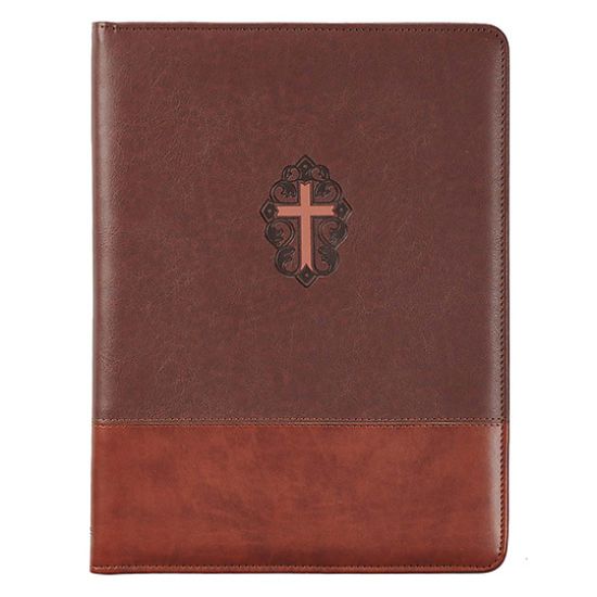 Picture of Notepad Portfolio Two-Tone Zippered Brown Faux Leather with Cross John 3:16