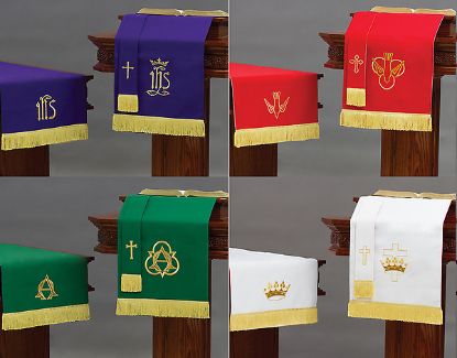 Picture of Embroidered Reversible Ten-Piece Parament Set  3pc Red/White + 3pc Purple/Green +2 Flowerstand + 2 Stole