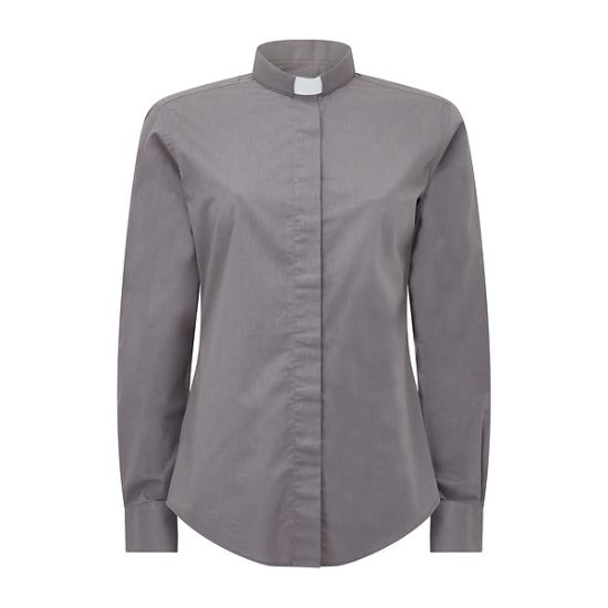 Picture of Fair Trade Women's Poly Cotton Charcoal Grey Long Sleeve Tab Collar Clergy Shirt 12