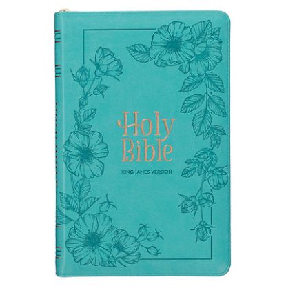 Picture of KJV Holy Bible, Standard Size Faux Leather Red Letter Edition - Thumb Index & Ribbon Marker, King James Version, Teal Floral Zipper Closure