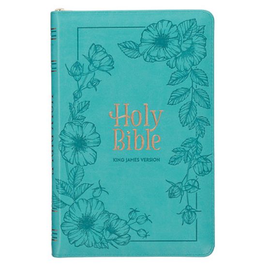 Picture of KJV Holy Bible, Standard Size Faux Leather Red Letter Edition - Thumb Index & Ribbon Marker, King James Version, Teal Floral Zipper Closure