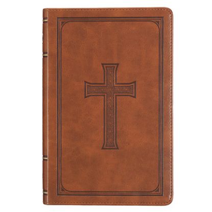 Picture of KJV Holy Bible, Standard Size Faux Leather Red Letter Edition Thumb Index, Ribbon Marker, King James Version, Honey Brown Cross Emblem