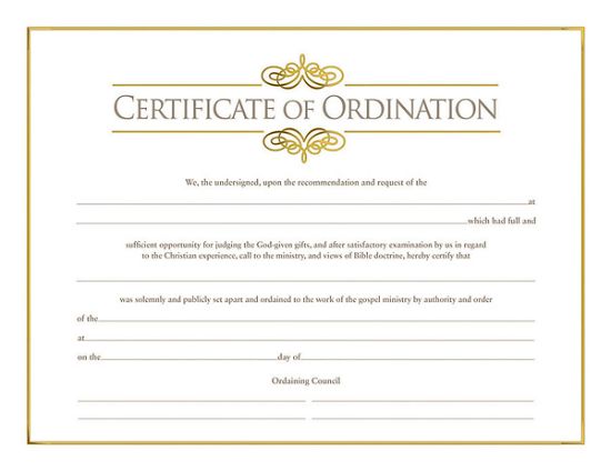 Picture of Certificate of Ordination for Minister